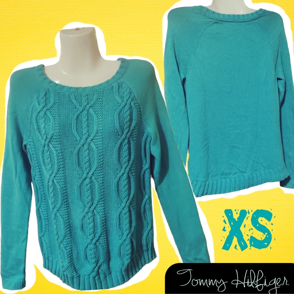 Tommy Hilfiger Pullover Sweater, Extra Small, Oversized, Teal, Cable Knit EUC